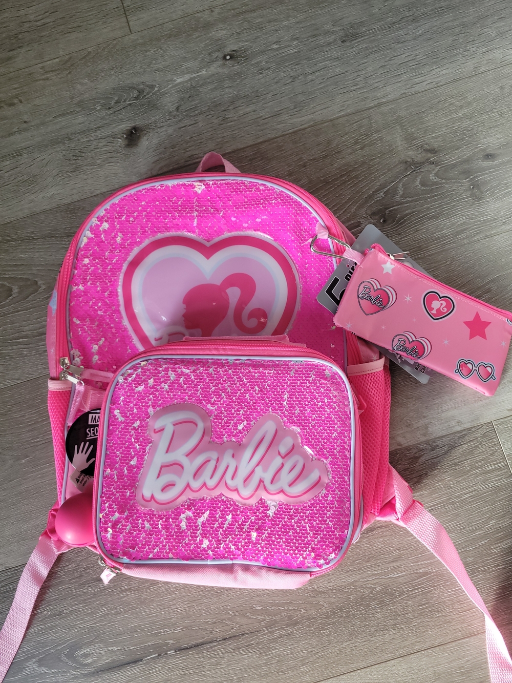Barbie Hot Pink Sequin Backpack with Heart Graphic and Pouch